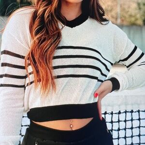Mono B Light Open Knit Striped Sweater